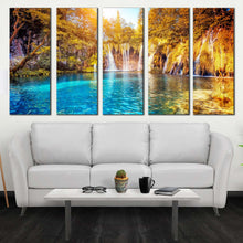 Load image into Gallery viewer, waterfall sunset canvas print blue water scenery multi canvas green yellow trees waterfall canvas print plitvice lakes national park 5 piece canvas wall art In Living Room
