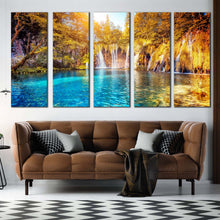 Load image into Gallery viewer, waterfall sunset canvas print blue water scenery multi canvas green yellow trees waterfall canvas print plitvice lakes national park 5 piece canvas wall art For Your Living Room
