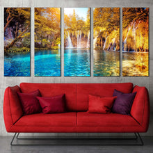 Load image into Gallery viewer, waterfall sunset canvas print blue water scenery multi canvas green yellow trees waterfall canvas print plitvice lakes national park 5 piece canvas wall art For Living Room
