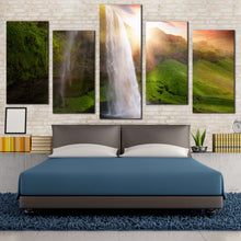 Load image into Gallery viewer, waterfall sunset canvas print yellow sunset landscape 5 piece canvas wall art green iceland scenery seljalandsfoss waterfalls multi canvas artwork For Your Bedroom
