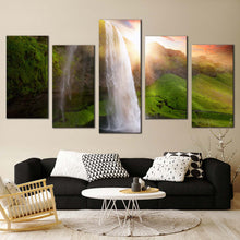 Load image into Gallery viewer, waterfall sunset canvas print yellow sunset landscape 5 piece canvas wall art green iceland scenery seljalandsfoss waterfalls multi canvas artwork In Living Room
