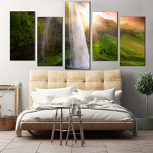 Load image into Gallery viewer, waterfall sunset canvas print yellow sunset landscape 5 piece canvas wall art green iceland scenery seljalandsfoss waterfalls multi canvas artwork For Bedroom
