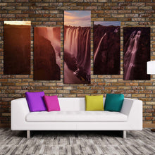 Load image into Gallery viewer, waterfall sunset canvas wall art orange zambezi river victoria falls 5 piece canvas print yellow sky zimbabwe waterfall multiple canvas In Living Room
