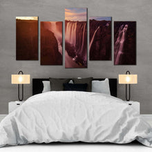 Load image into Gallery viewer, waterfall sunset canvas wall art orange zambezi river victoria falls 5 piece canvas print yellow sky zimbabwe waterfall multiple canvas For Your Bedroom
