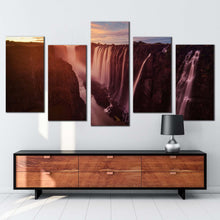 Load image into Gallery viewer, waterfall sunset canvas wall art orange zambezi river victoria falls 5 piece canvas print yellow sky zimbabwe waterfall multiple canvas
