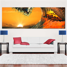 Load image into Gallery viewer, wave  curl  canvas  wall  art  yellow  sunrise  wave  panoramic  canvas  print  orange  ocean  wave  wide  canvas In Living Room
