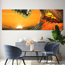 Load image into Gallery viewer, wave  curl  canvas  wall  art  yellow  sunrise  wave  panoramic  canvas  print  orange  ocean  wave  wide  canvas In Dining Room
