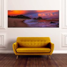 Load image into Gallery viewer, wellington  beach  canvas  wall  art  nambucca  heads  blue  ocean  panoramic  canvas  print  dramatic  orange  sky  ocean  beach  canvas  artwork In Living Room
