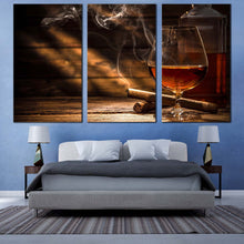 Load image into Gallery viewer, whiskey cigar canvas print orange glass of whiskey triptych canvas set whiskey on brown wooden table 3 piece canvas wall art For Bedroom
