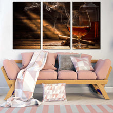 Load image into Gallery viewer, whiskey cigar canvas print orange glass of whiskey triptych canvas set whiskey on brown wooden table 3 piece canvas wall art IN Living Room
