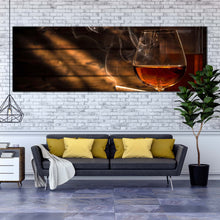 Load image into Gallery viewer, whiskey  glass  canvas  wall  art  whiskey  on  brown  wooden  table  1  piece  canvas  artwork  classic  orange  whiskey  cigar  canvas  print For Living Room
