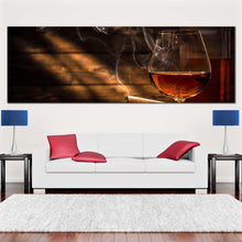 Load image into Gallery viewer, whiskey  glass  canvas  wall  art  whiskey  on  brown  wooden  table  1  piece  canvas  artwork  classic  orange  whiskey  cigar  canvas  print In Living Room
