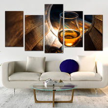 Load image into Gallery viewer, whiskey glass in oak barrel canvas multipanel wall art In Your Living Room
