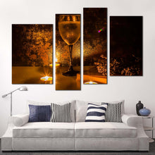 Load image into Gallery viewer, white wine canvas wall art wine in the evening 4 piece canvas print orange brown romantic wine glass canvas set for your living room 
