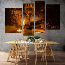 Load image into Gallery viewer, white wine canvas wall art wine in the evening 4 piece canvas print orange brown romantic wine glass canvas set in living room
