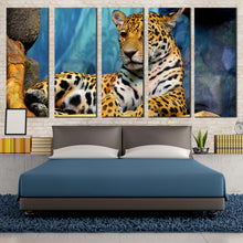 Load image into Gallery viewer, wild cat canvas print jaguar resting 5 piece canvas wall art yellow white jaguar portrait canvas set For Bedroom
