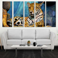 Load image into Gallery viewer, wild cat canvas print jaguar resting 5 piece canvas wall art yellow white jaguar portrait canvas set In Living Room
