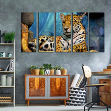 Load image into Gallery viewer, wild cat canvas print jaguar resting 5 piece canvas wall art yellow white jaguar portrait canvas set
