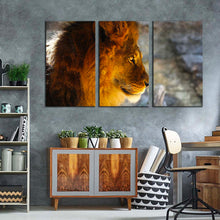 Load image into Gallery viewer, wild cat canvas wall art yellow orange lion profile 3 piece canvas print lion head canvas set
