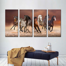 Load image into Gallery viewer, wild horse canvas print black horses running forward canvas set white brown herd of horses horses 4 piece canvas wall art In Living room
