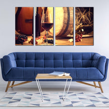 Load image into Gallery viewer, wine barrel canvas wall art red wine glass 4 piece canvas set wine bottle and brown guitar canvas print In Living room
