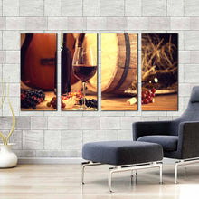 Load image into Gallery viewer, wine barrel canvas wall art red wine glass 4 piece canvas set wine bottle and brown guitar canvas print For Living Room
