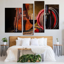 Load image into Gallery viewer, wine barrel canvas wall art still life winery multi canvas artwork red wine glass with rose 4 piece canvas print brown violin and wine bottle canvas set for bedroom
