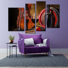 Load image into Gallery viewer, wine barrel canvas wall art still life winery multi canvas artwork red wine glass with rose 4 piece canvas print brown violin and wine bottle canvas set for your living room
