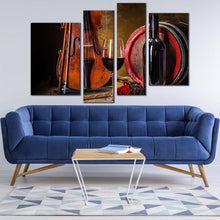 Load image into Gallery viewer, wine barrel canvas wall art still life winery multi canvas artwork red wine glass with rose 4 piece canvas print brown violin and wine bottle canvas set in living room
