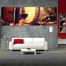 Load image into Gallery viewer, wine  bottle  canvas  print  brown  wine  barrel  and  guitar  wide  canvas  red  wine  grapes  1  piece  canvas  wall  art In Living Room
