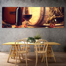 Load image into Gallery viewer, wine  bottle  canvas  print  brown  wine  barrel  and  guitar  wide  canvas  red  wine  grapes  1  piece  canvas  wall  art In Dinning Room
