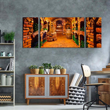 Load image into Gallery viewer, wine bottle canvas print orange winery champagne glasses clicking 3 piece canvas wall art brown old wine cellar triptych canvas set
