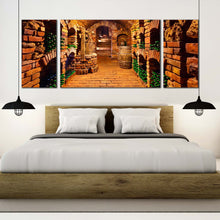 Load image into Gallery viewer, wine bottle canvas print orange winery champagne glasses clicking 3 piece canvas wall art brown old wine cellar triptych canvas set In Bedroom
