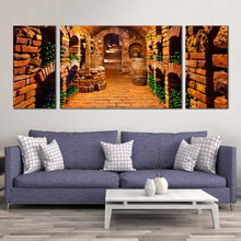 Load image into Gallery viewer, wine bottle canvas print orange winery champagne glasses clicking 3 piece canvas wall art brown old wine cellar triptych canvas set For Living Room
