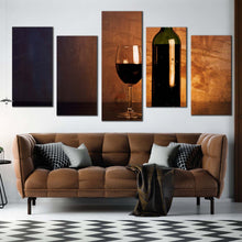 Load image into Gallery viewer, wine bottle canvas wall art fancy red wine glass 5 piece multi canvas green drink bottle canvas print In Living Room
