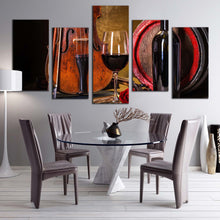 Load image into Gallery viewer, wine bottle canvas wall art music with red wine barrel 5 piece canvas brown violin still life winery multiple canvas For Dining Room
