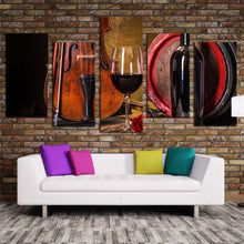 Load image into Gallery viewer, wine bottle canvas wall art music with red wine barrel 5 piece canvas brown violin still life winery multiple canvas In Living Room
