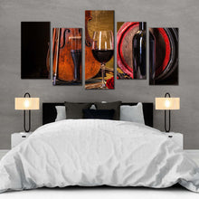 Load image into Gallery viewer, wine bottle canvas wall art music with red wine barrel 5 piece canvas brown violin still life winery multiple canvas For Bedroom
