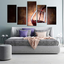 Load image into Gallery viewer, wine bottle canvas wall art red wine close up multiple canvas winery black bottle wine pouring 5 piece canvas print In Bedroom
