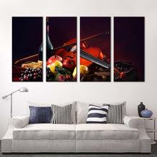 Load image into Gallery viewer, wine bottle canvas wall art still life wine canvas print colorful fruits violin wine 4 piece canvas set In Living room
