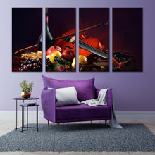 Load image into Gallery viewer, wine bottle canvas wall art still life wine canvas print colorful fruits violin wine 4 piece canvas set For Your Living room
