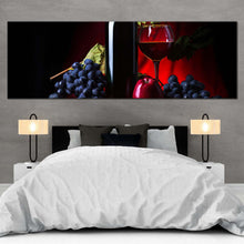 Load image into Gallery viewer, wine  bottle  canvas  wall  art  still  life  winery  1  piece  canvas  print  red  wine  canvas  artwork  black  wine  grapes  wide  canvas In Bedroom
