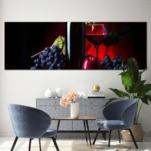 Load image into Gallery viewer, wine  bottle  canvas  wall  art  still  life  winery  1  piece  canvas  print  red  wine  canvas  artwork  black  wine  grapes  wide  canvas In Living Room
