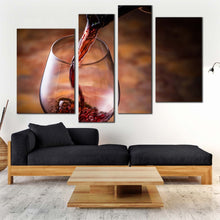 Load image into Gallery viewer, wine bottle canvas wall art wine glass close up multiple canvas black bottle wine pouring 4 piece canvas print for living room
