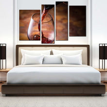 Load image into Gallery viewer, wine bottle canvas wall art wine glass close up multiple canvas black bottle wine pouring 4 piece canvas print for your bedroom
