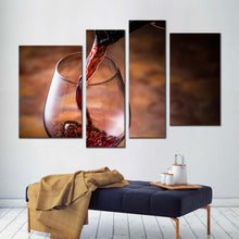 Load image into Gallery viewer, wine bottle canvas wall art wine glass close up multiple canvas black bottle wine pouring 4 piece canvas print in living room
