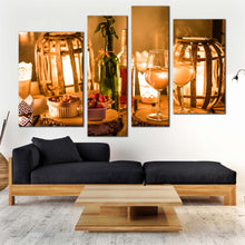 Load image into Gallery viewer, wine bottles canvas wall art cosy white wine 4 piece canvas print orange wine and candles multiple canvas for living room
