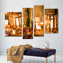 Load image into Gallery viewer, wine bottles canvas wall art cosy white wine 4 piece canvas print orange wine and candles multiple canvas in living room
