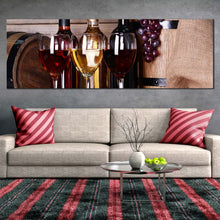 Load image into Gallery viewer, wine  bottles  canvas  wall  art  wine  bottles  brown  barrels  grapes  1  piece  canvas  red  white  wine  glasses  canvas  artwork For Living Room
