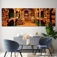 Load image into Gallery viewer, wine  cellar  canvas  wall  art  france  orange  brown  wine  cellar  1  piece  canvas  artwork  green  wine  bottles  canvas  print In Living Room
